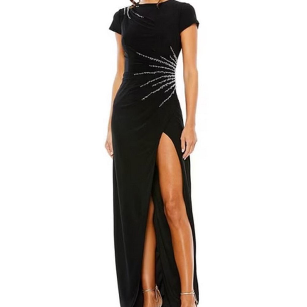Ieena Mac Duggal Black Bead Embellished Sheath Gown